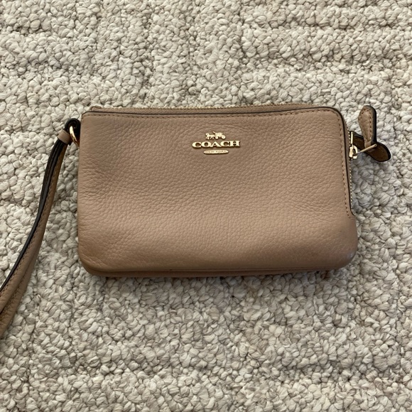 Coach Double Zip Wallet Leather Zip Around Clutch Tan Wristlet - Picture 1 of 7